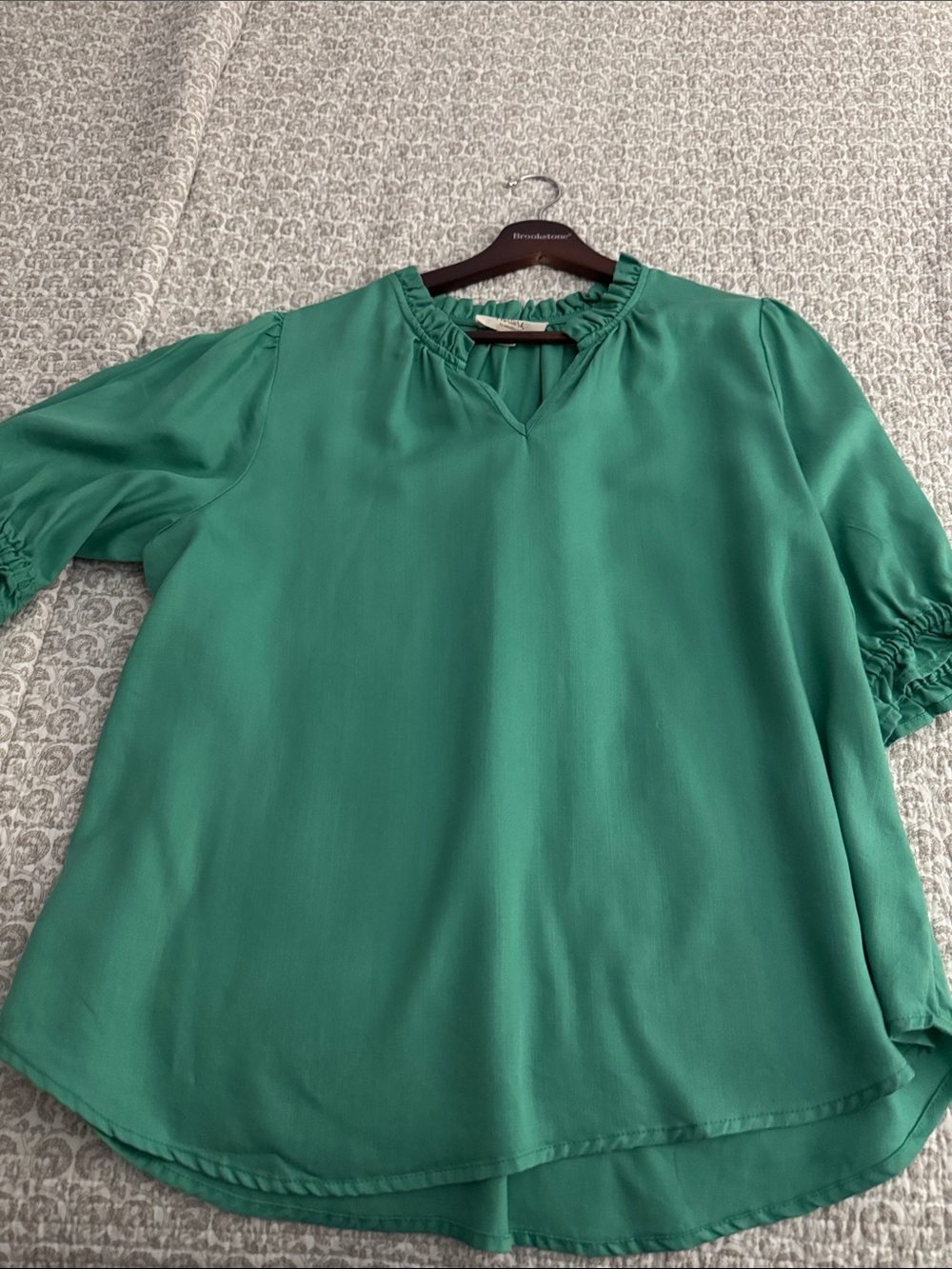 Westbound Green Ruffle-Trim Keyhole Blouse